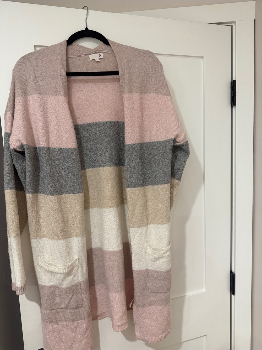 SO Open-Front Striped Cardigan Sweater - Pink, Gray, Cream, Tan, White